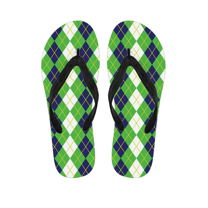 White Green And Navy Argyle Print Flip Flops