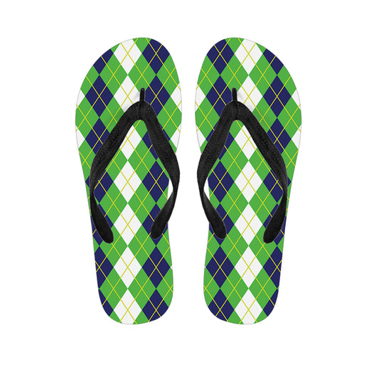 White Green And Navy Argyle Print Flip Flops