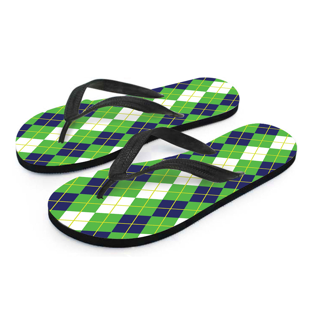 White Green And Navy Argyle Print Flip Flops