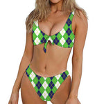 White Green And Navy Argyle Print Front Bow Tie Bikini