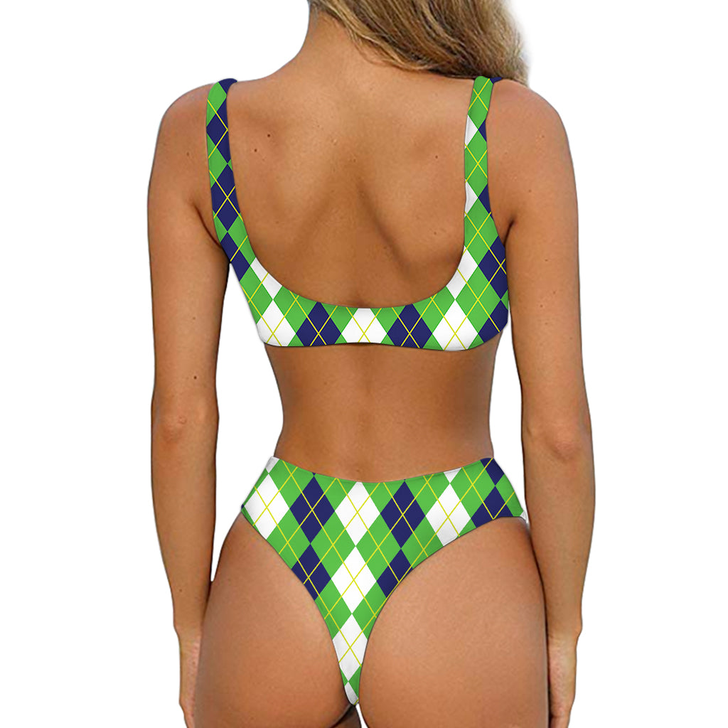 White Green And Navy Argyle Print Front Bow Tie Bikini