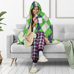 White Green And Navy Argyle Print Hooded Blanket