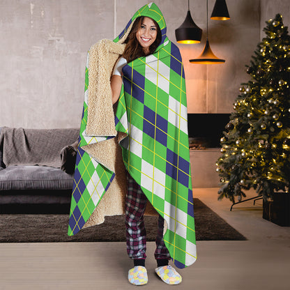 White Green And Navy Argyle Print Hooded Blanket