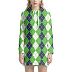 White Green And Navy Argyle Print Hoodie Dress