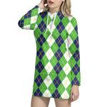 White Green And Navy Argyle Print Hoodie Dress