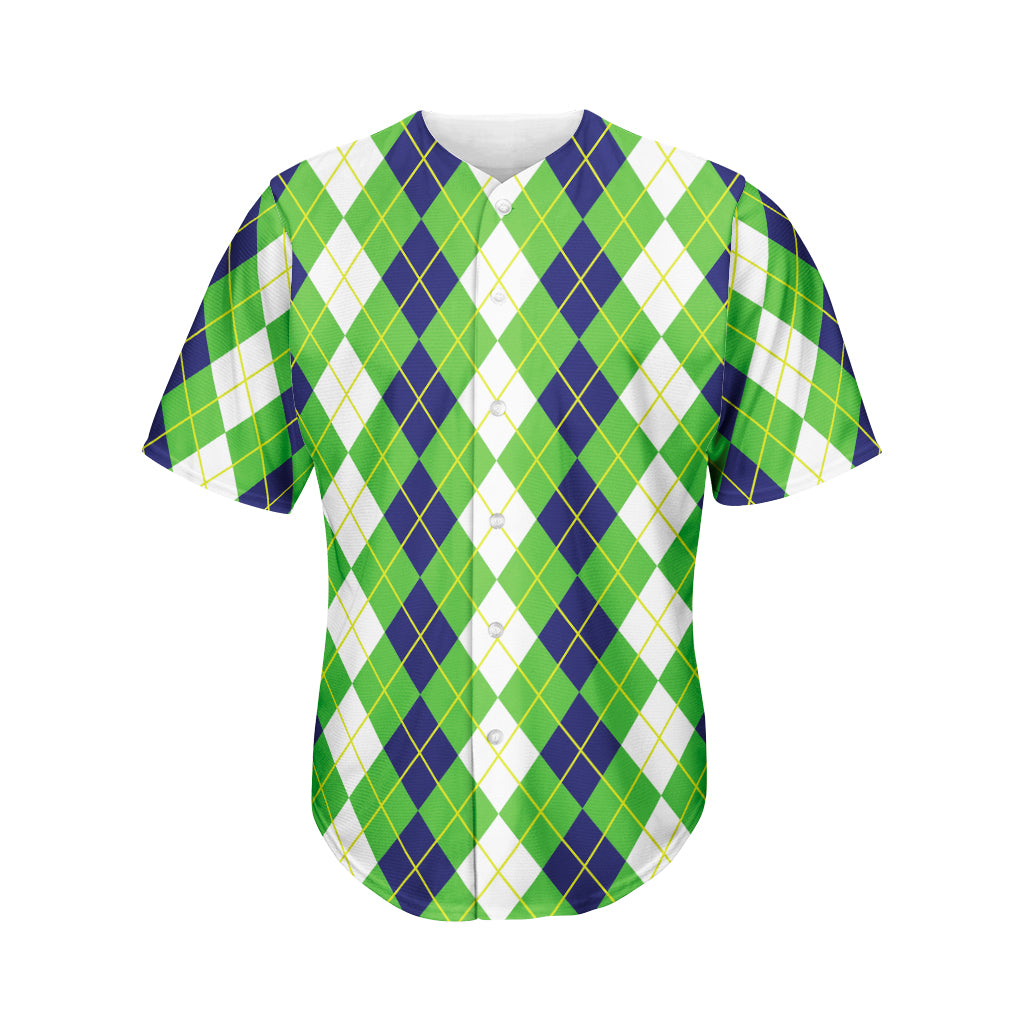 White Green And Navy Argyle Print Men's Baseball Jersey