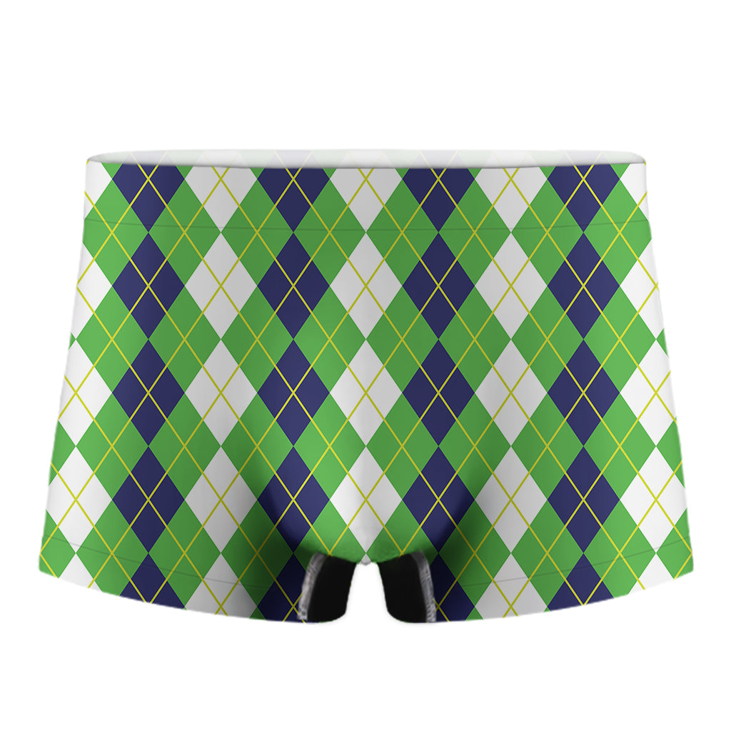 White Green And Navy Argyle Print Men's Boxer Briefs
