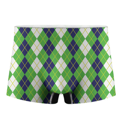 White Green And Navy Argyle Print Men's Boxer Briefs