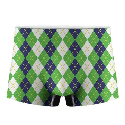 White Green And Navy Argyle Print Men's Boxer Briefs