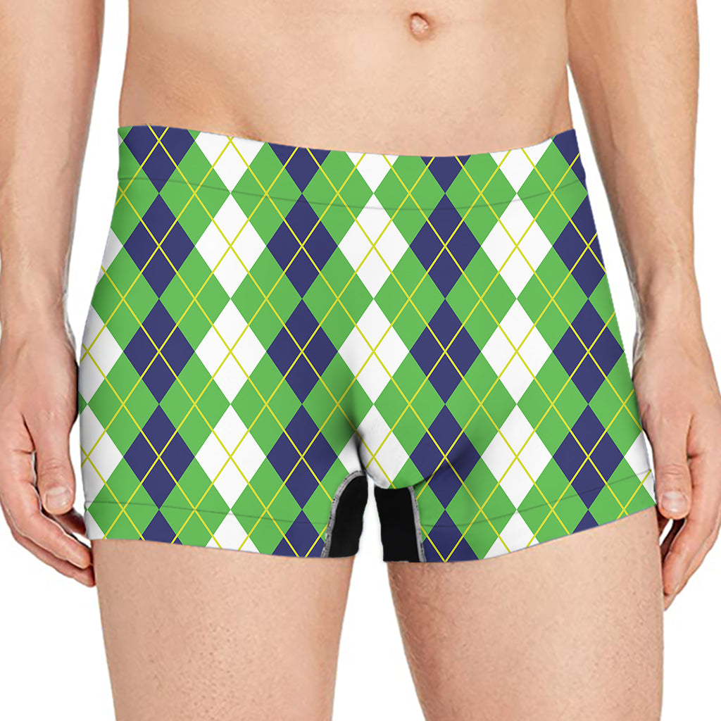 White Green And Navy Argyle Print Men's Boxer Briefs