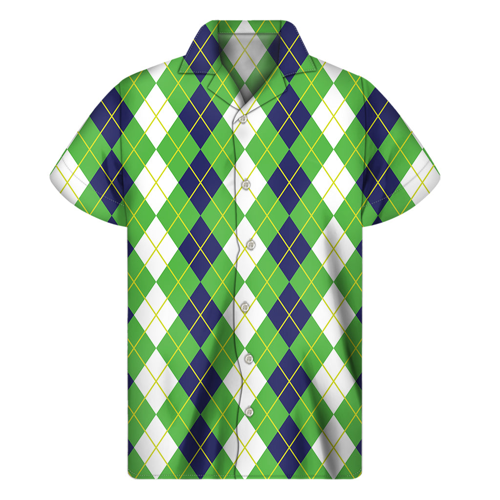 White Green And Navy Argyle Print Men's Short Sleeve Shirt