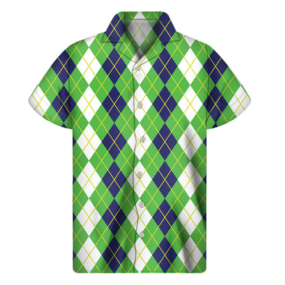 White Green And Navy Argyle Print Men's Short Sleeve Shirt
