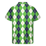 White Green And Navy Argyle Print Men's Short Sleeve Shirt