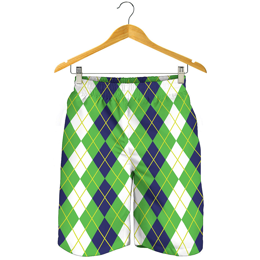White Green And Navy Argyle Print Men's Shorts