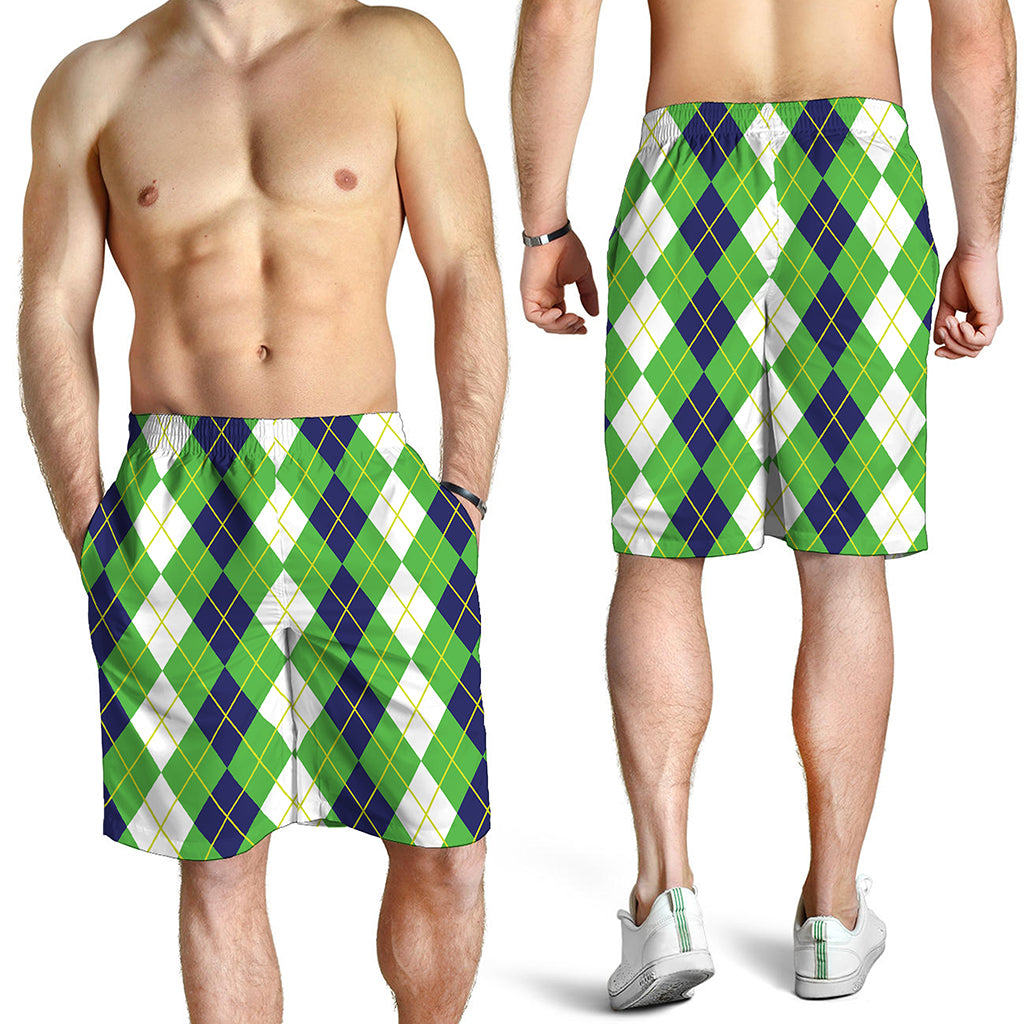 White Green And Navy Argyle Print Men's Shorts