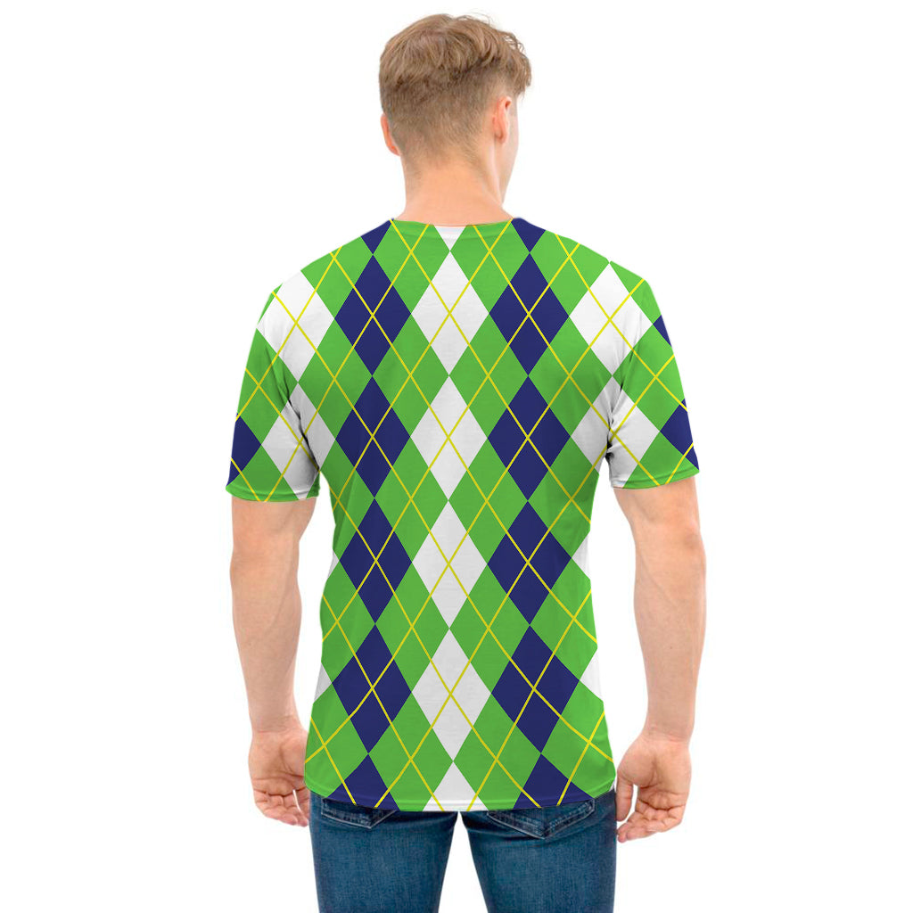 White Green And Navy Argyle Print Men's T-Shirt