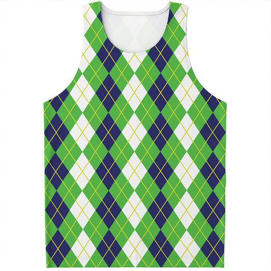 White Green And Navy Argyle Print Men's Tank Top