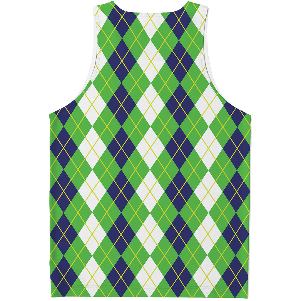 White Green And Navy Argyle Print Men's Tank Top