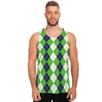 White Green And Navy Argyle Print Men's Tank Top