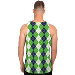 White Green And Navy Argyle Print Men's Tank Top