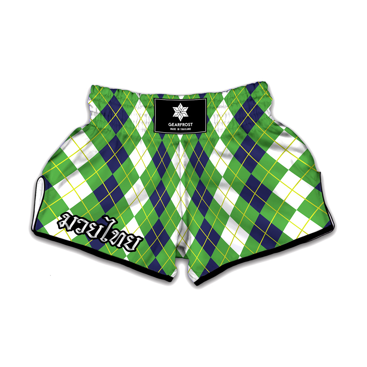 White Green And Navy Argyle Print Muay Thai Boxing Shorts