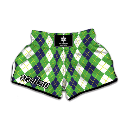 White Green And Navy Argyle Print Muay Thai Boxing Shorts