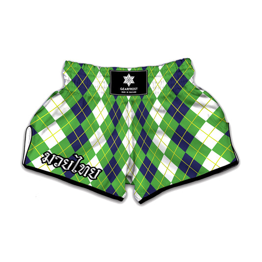 White Green And Navy Argyle Print Muay Thai Boxing Shorts