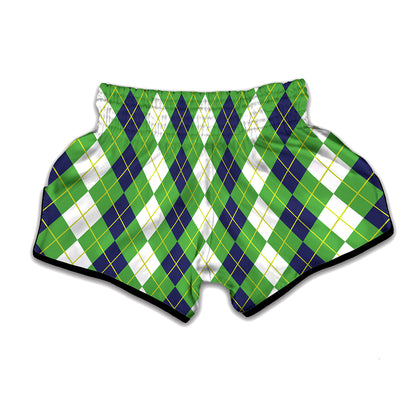 White Green And Navy Argyle Print Muay Thai Boxing Shorts