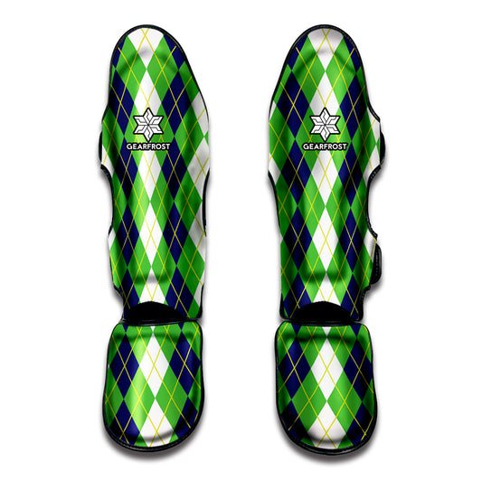 White Green And Navy Argyle Print Muay Thai Shin Guard