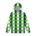 White Green And Navy Argyle Print Pullover Hoodie