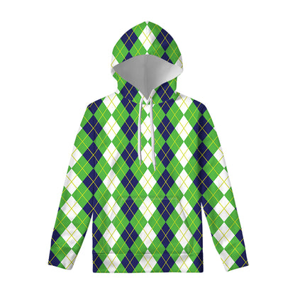 White Green And Navy Argyle Print Pullover Hoodie