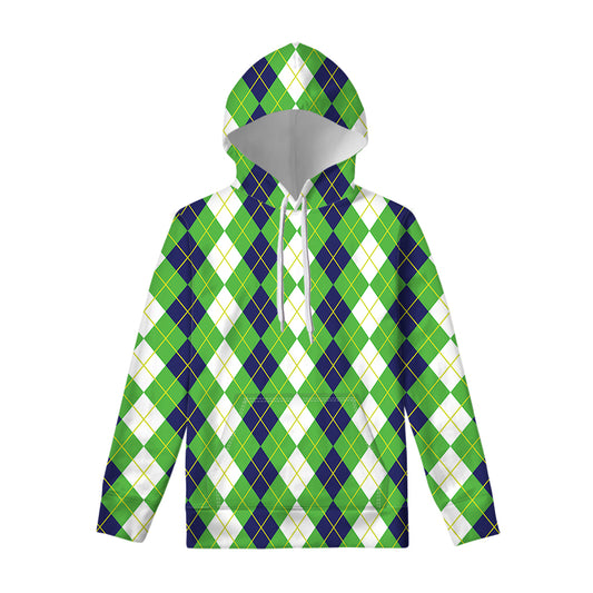 White Green And Navy Argyle Print Pullover Hoodie