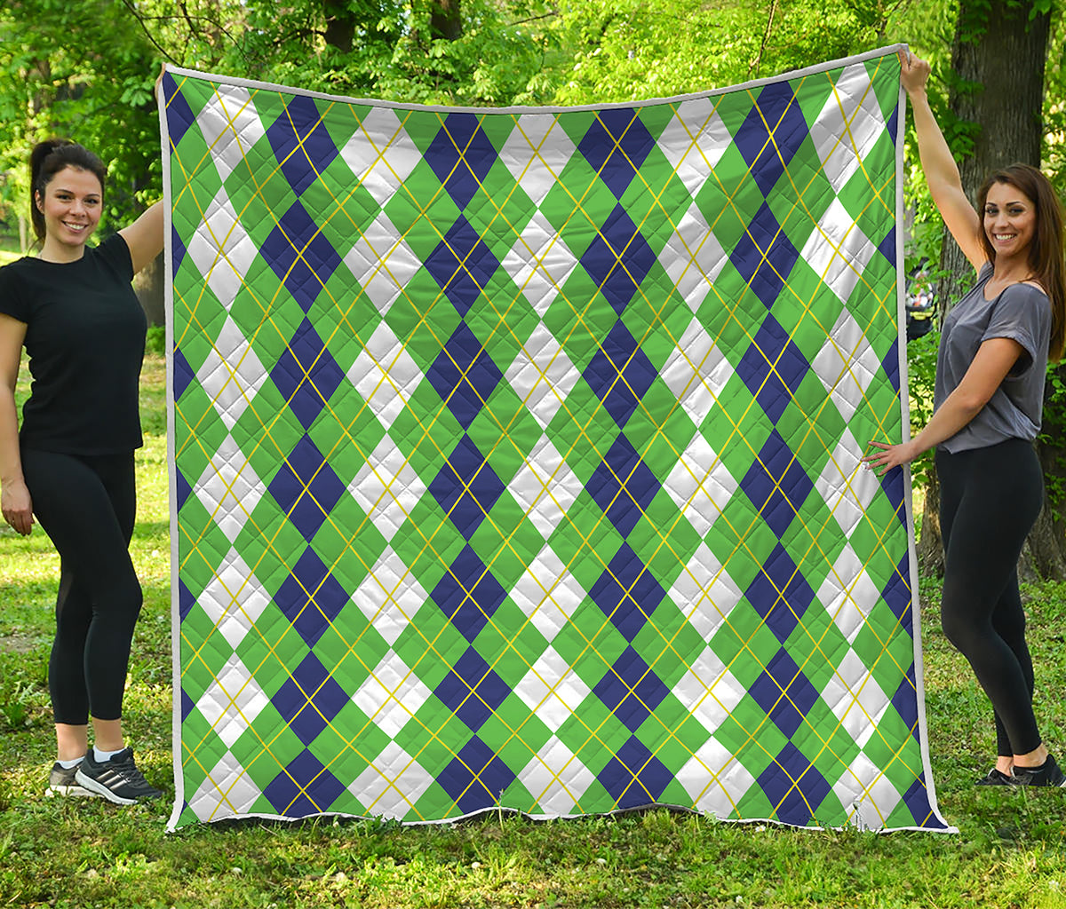 White Green And Navy Argyle Print Quilt