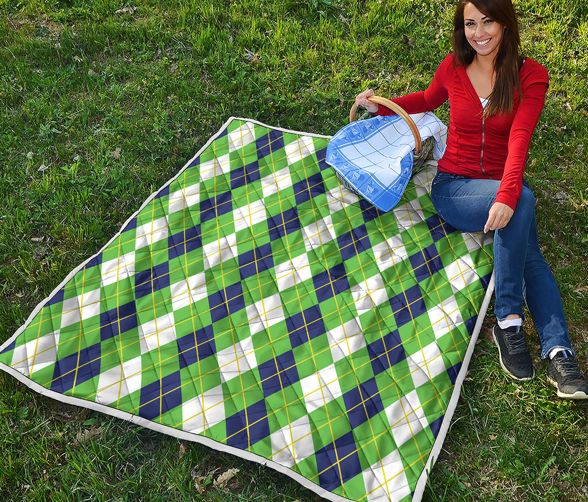White Green And Navy Argyle Print Quilt