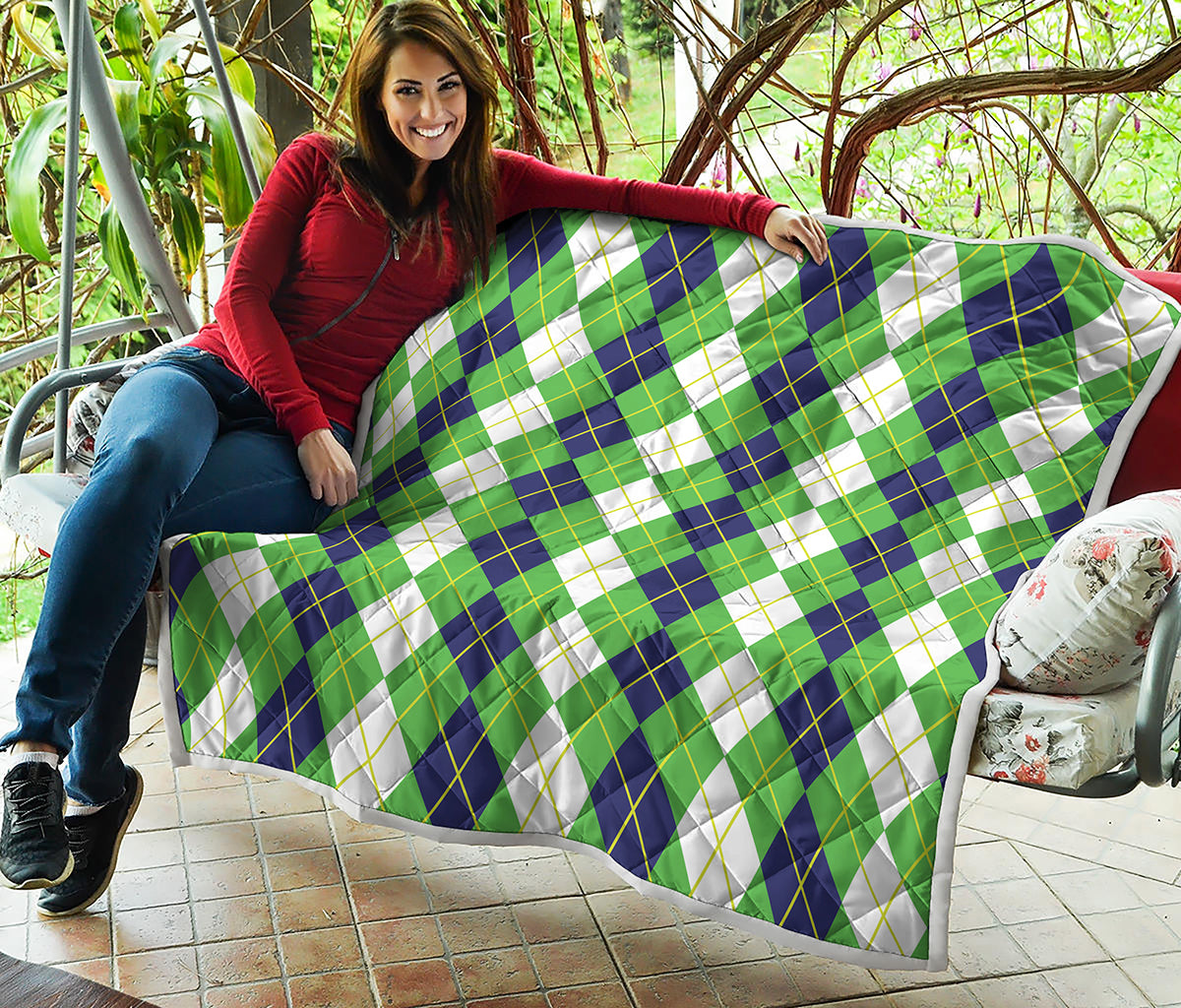 White Green And Navy Argyle Print Quilt