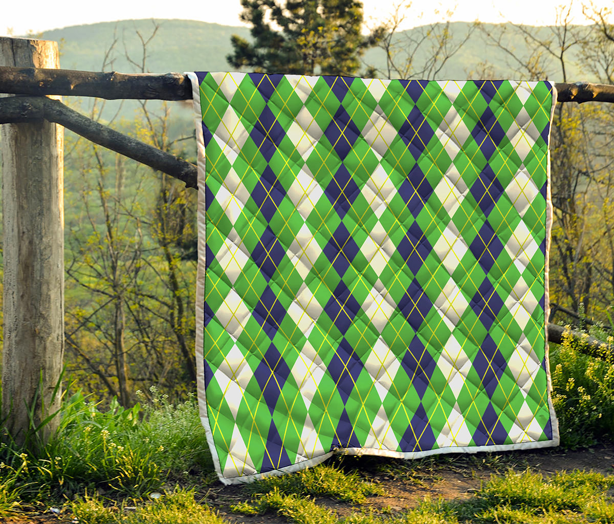 White Green And Navy Argyle Print Quilt