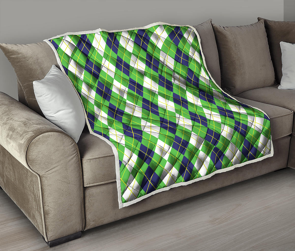 White Green And Navy Argyle Print Quilt