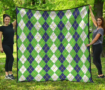 White Green And Navy Argyle Print Quilt