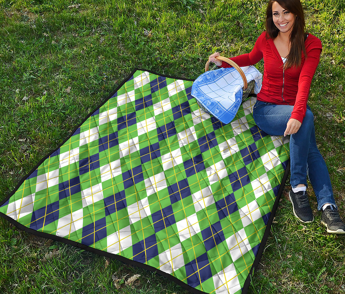 White Green And Navy Argyle Print Quilt