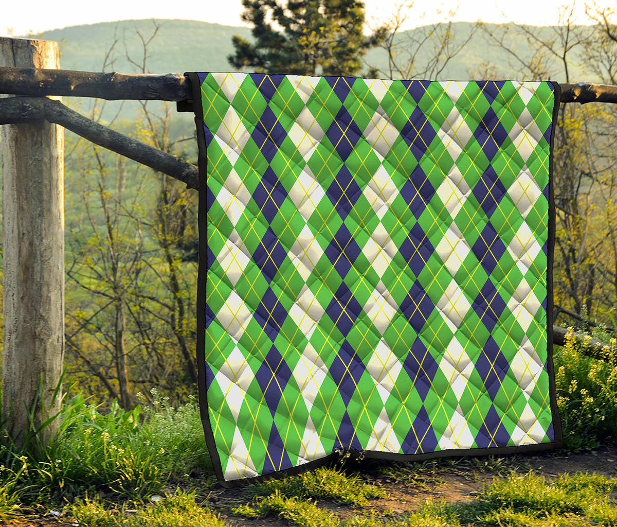 White Green And Navy Argyle Print Quilt