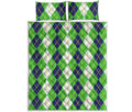 White Green And Navy Argyle Print Quilt Bed Set