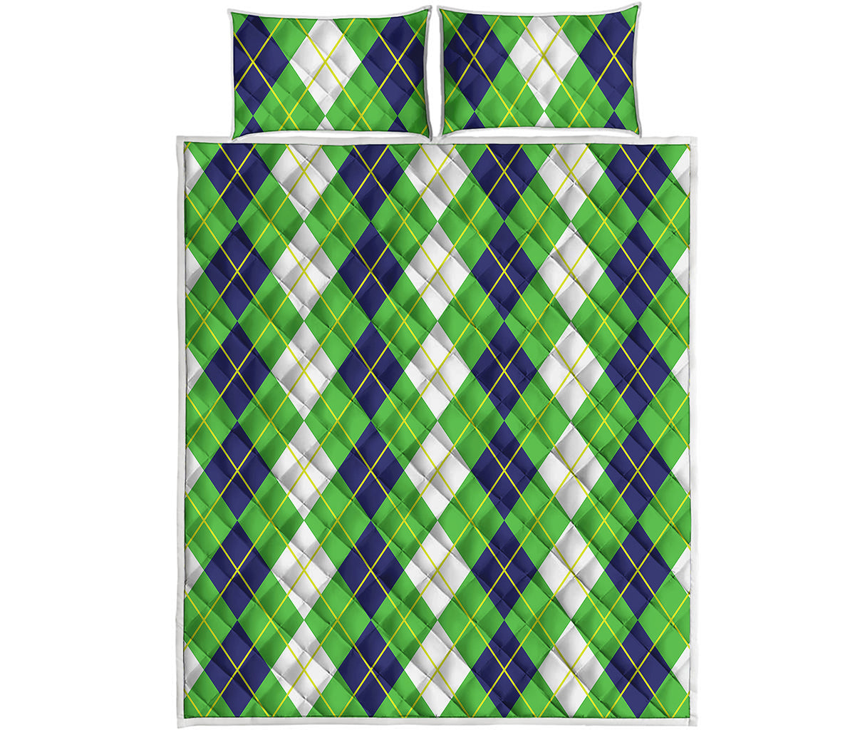 White Green And Navy Argyle Print Quilt Bed Set