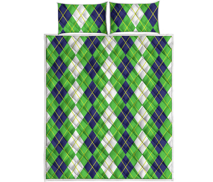 White Green And Navy Argyle Print Quilt Bed Set