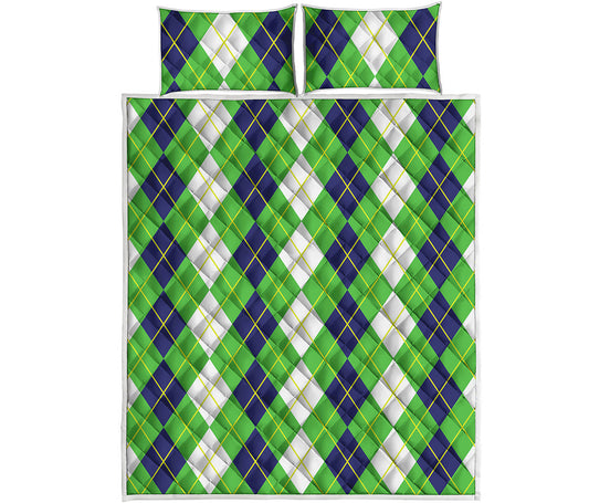 White Green And Navy Argyle Print Quilt Bed Set