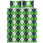 White Green And Navy Argyle Print Quilt Bed Set