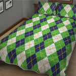 White Green And Navy Argyle Print Quilt Bed Set