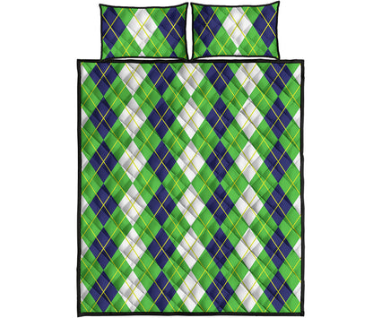 White Green And Navy Argyle Print Quilt Bed Set