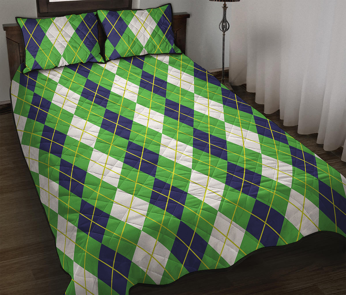 White Green And Navy Argyle Print Quilt Bed Set