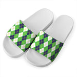 White Green And Navy Argyle Print White Slide Sandals