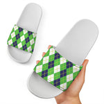 White Green And Navy Argyle Print White Slide Sandals